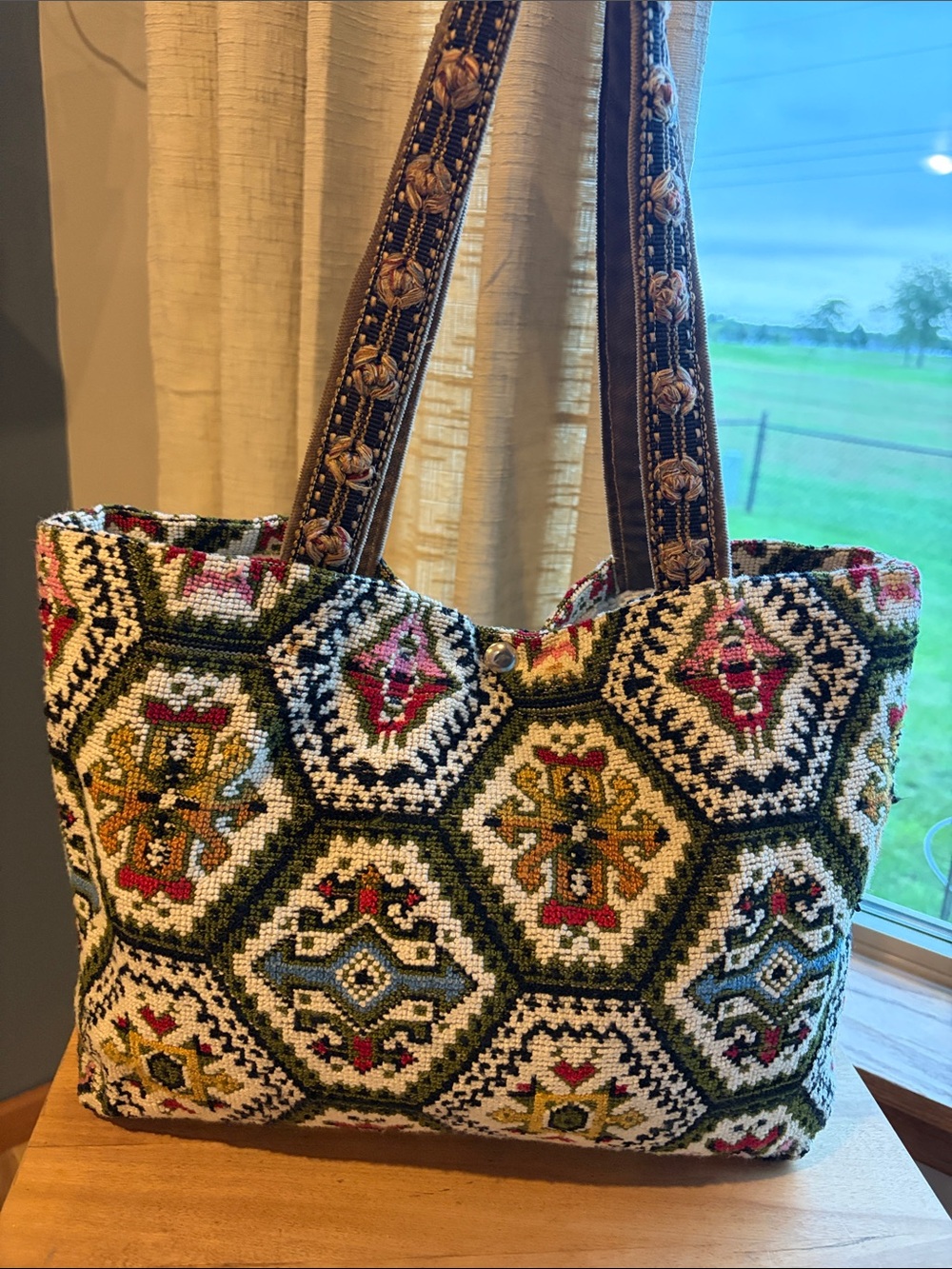 Vintage 1960s Style Cross-stitched Fabric Handmade Bag